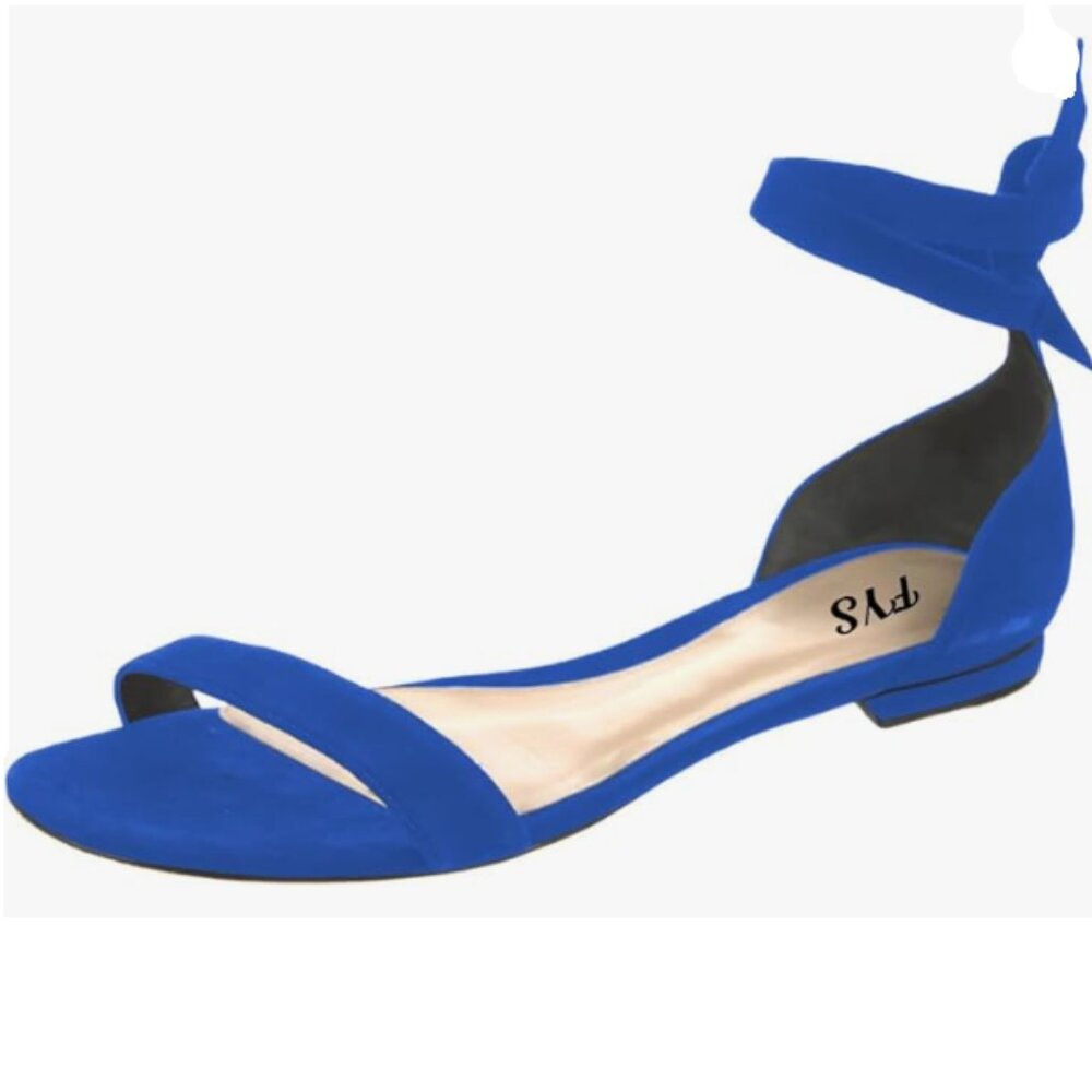 FYS Royal Blue Open Toe Lace up Ankle Strap Suede Low Heel Ankle Wrap Sandals